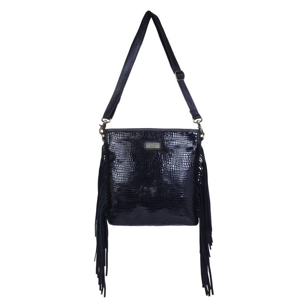 NEW SIXTEASE BAGS women's leather fringed crossbody in silver black polka dots